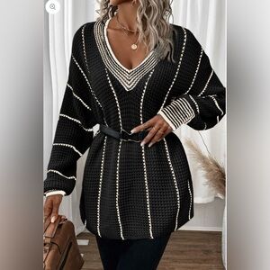 Black Colorblock Striped V Neck Knitted Loose Sweater